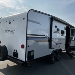 The backside view of the Sonic Travel Trailer
