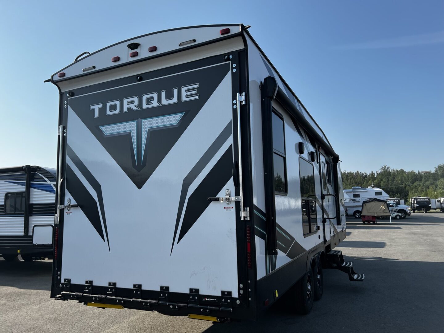 The backside view of the Torque Travel Trailer