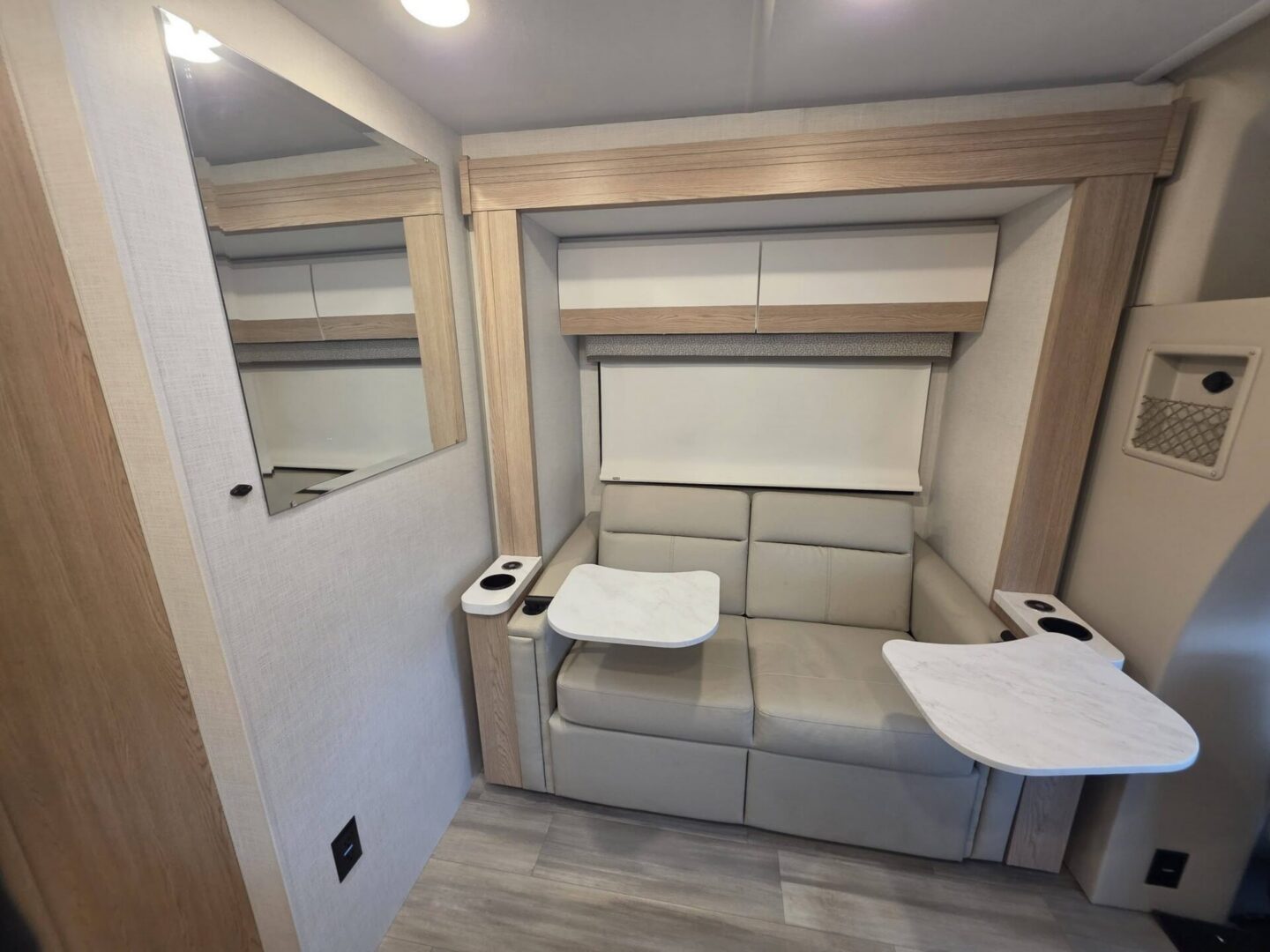Cozy seating area with foldable tables.