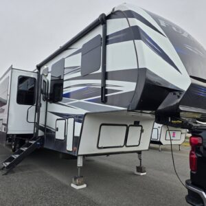 Fuzion travel trailer with unique exterior design.